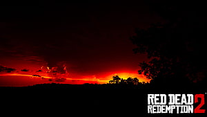 Red Dead Redemption 2 Dramatic Red Sunset Over Silhouetted Wilderness Landscape HD wallpaper