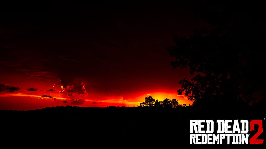 Red Dead Redemption 2 Dramatic Red Sunset Over Silhouetted Wilderness Landscape HD wallpaper