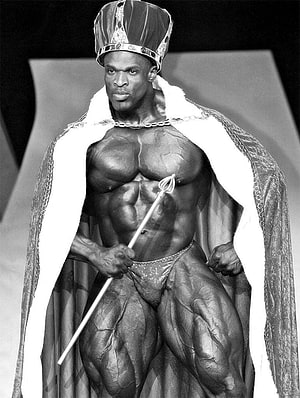 Ronnie Coleman posing as king with crown scepter and cape in black and white bodybuilding photo, ronnie coleman bodybuilding, #Ronnie Coleman HD phone wallpaper