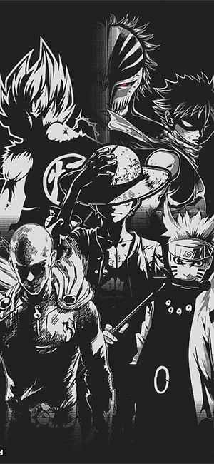 Black and White Anime Mashup Featuring Monkey D Luffy, Naruto Uzumaki, Saitama, and Gon Freecss HD phone wallpaper