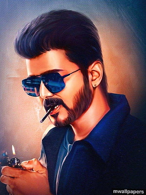 Portrait of a man with sunglasses and beard smoking a cigarette with a lighter, Vijay &, vijay HD phone wallpaper
