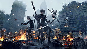 NieR Automata 2B 9S and A2 battling machines in a ruined overgrown cityscape HD wallpaper