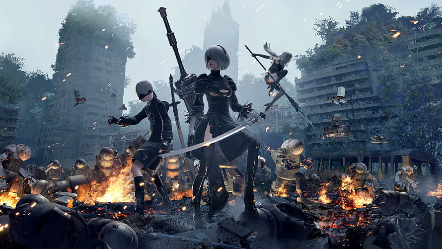 NieR Automata 2B 9S and A2 battling machines in a ruined overgrown cityscape HD wallpaper