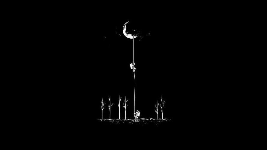 Minimalist Black and White Illustration of a Figure Reaching for the Moon HD wallpaper