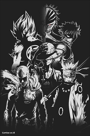 Black and White Anime Character Collage Featuring Naruto, Luffy, and Gon HD phone wallpaper