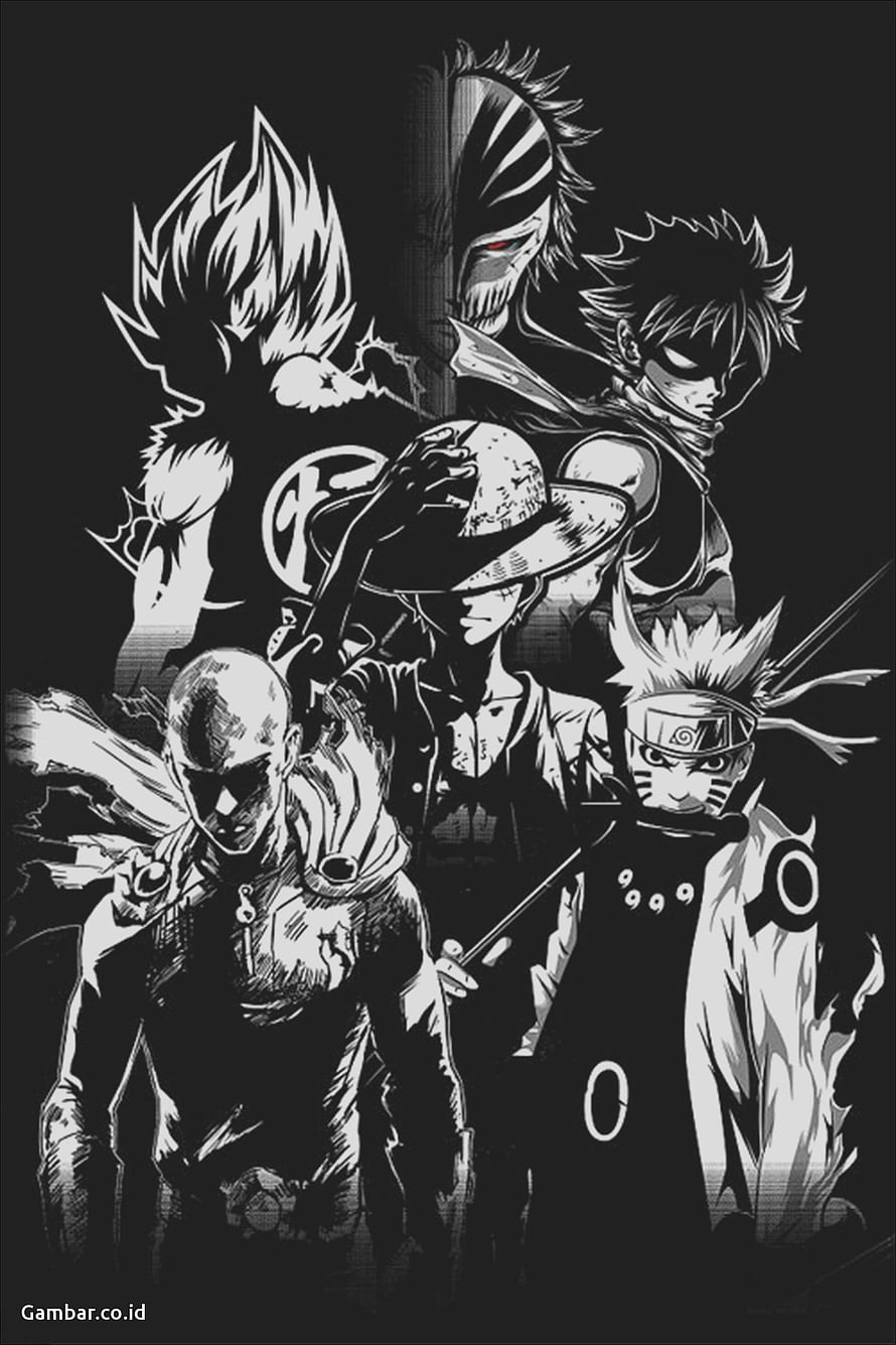 Black and White Anime Character Collage Featuring Naruto, Luffy, and Gon HD phone wallpaper