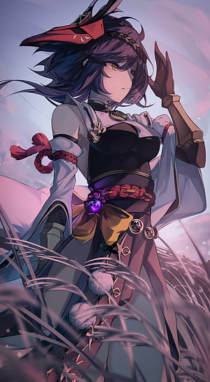 Kujou Sara from Genshin Impact in Traditional Japanese Attire Amidst Tall Grass HD phone wallpaper