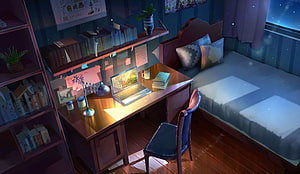 Cozy Bedroom Interior With Desk And Laptop At Night HD wallpaper