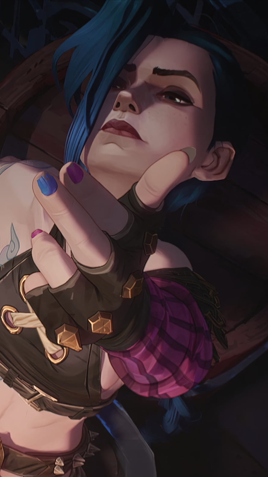 Jinx from League of Legends with blue hair and purple nails in a close-up portrait HD phone wallpaper
