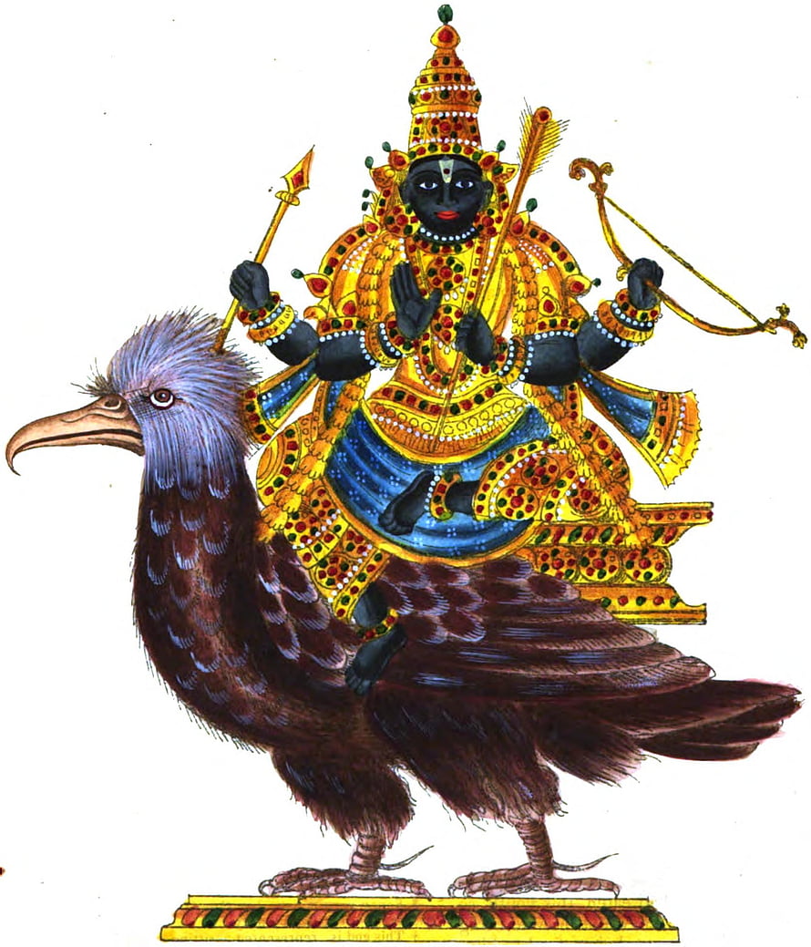Shani Dev riding a vulture in traditional Indian miniature painting style with ornate golden attire HD phone wallpaper