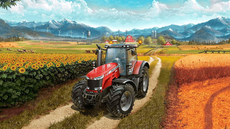 Farming Simulator 22 Red Tractor Driving Through Sunflower Fields And Countryside HD wallpaper