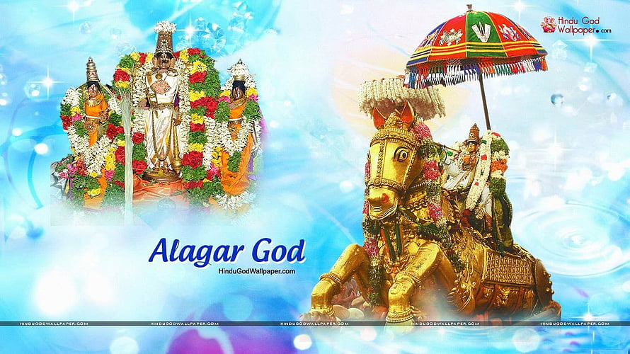 Alagar God Temple Deity and Golden Horse Statue with Floral Decorations HD wallpaper