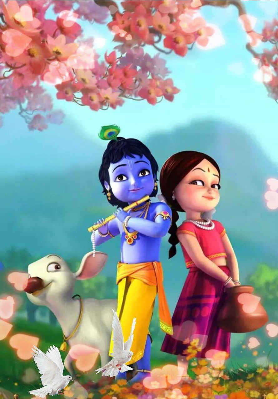 Cute 3D Krishna Playing Flute With Radha And Cow Under Pink Blossom Tree HD phone wallpaper