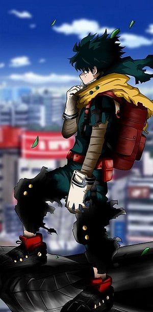 Izuku Midoriya from My Hero Academia standing on a rooftop with a city background HD phone wallpaper