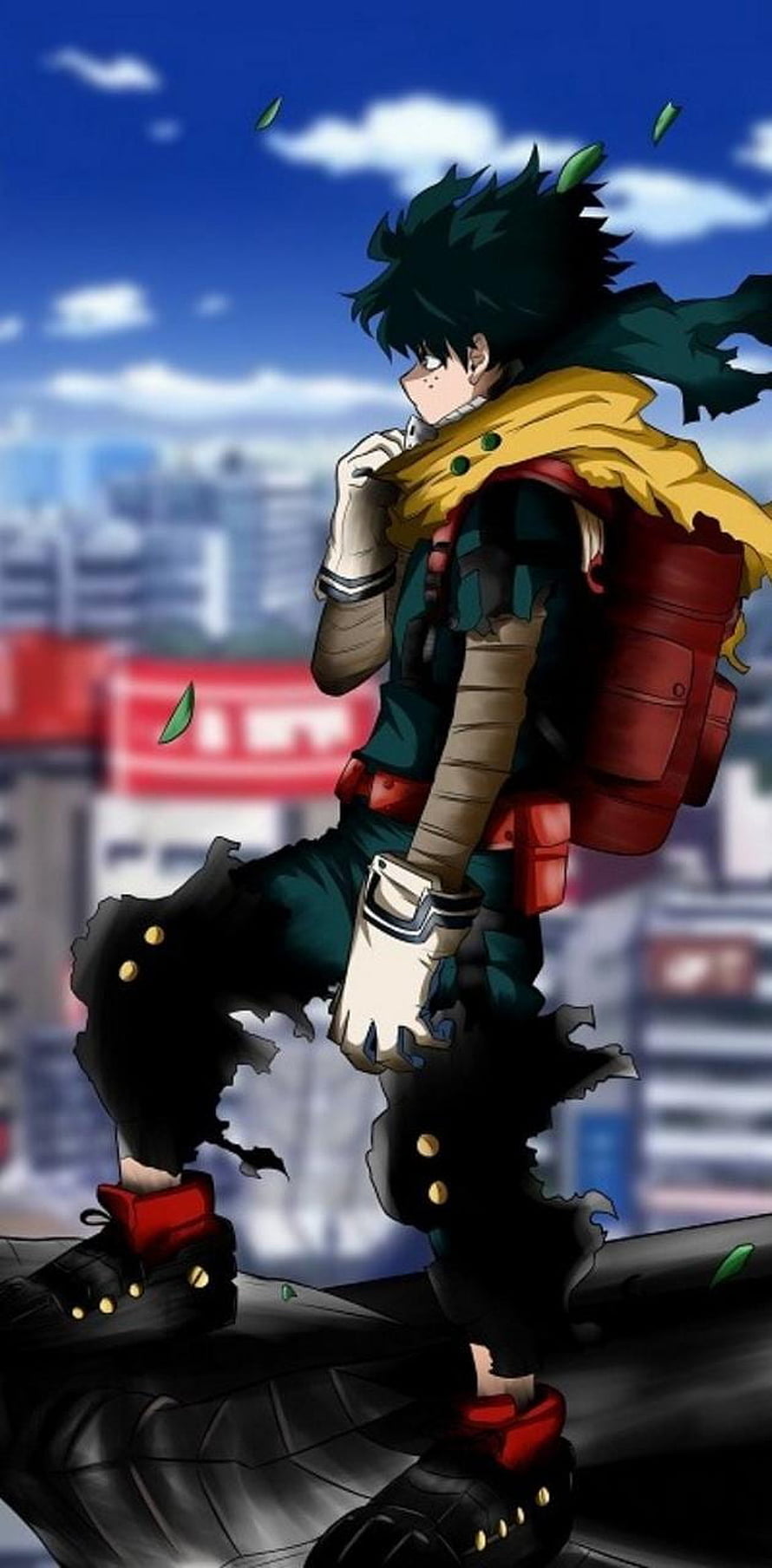 Izuku Midoriya from My Hero Academia standing on a rooftop with a city background HD phone wallpaper