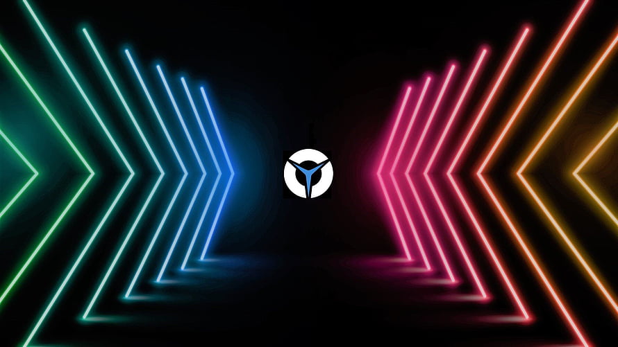 Lenovo Legion Gaming Logo with Neon Arrow Tunnel on Black Background HD wallpaper