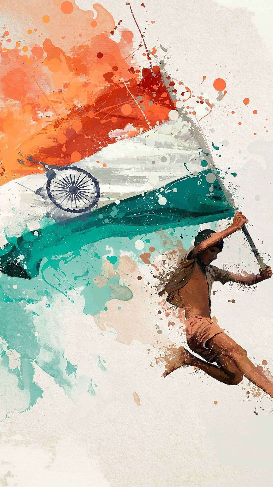 Watercolor Illustration of a Boy Leaping with the Indian National Flag HD phone wallpaper