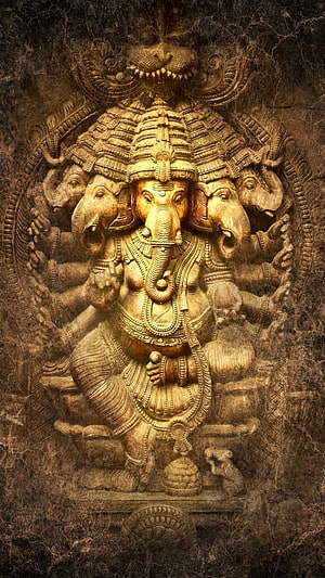 Panchmukhi Ganesha Golden Relief Sculpture with Ornate Carvings and Dark Textured Background HD phone wallpaper