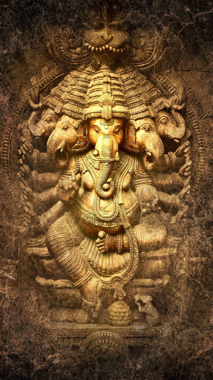Panchmukhi Ganesha Golden Relief Sculpture with Ornate Carvings and Dark Textured Background HD phone wallpaper