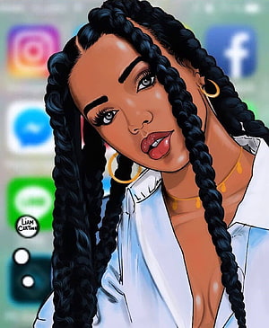 Digital cartoon portrait of a woman with long braids and gold hoop earrings against a blurred social media app background, Black Girls Cartoon posted by Samantha Walker, pretty black girl cartoon HD phone wallpaper