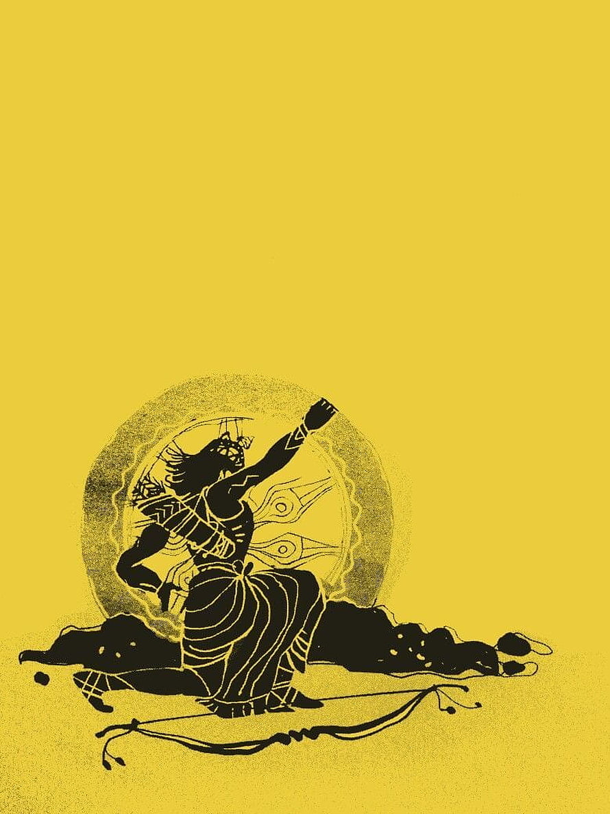 Black Silhouette of a Warrior Archer with Bow on Yellow Background HD phone wallpaper