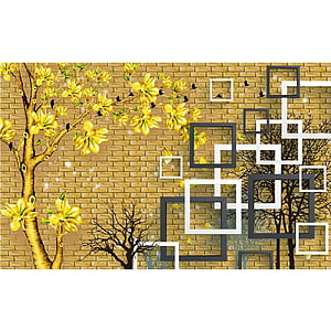 Golden Blossom Tree Against Brick Wall With Geometric Frame Overlay HD phone wallpaper