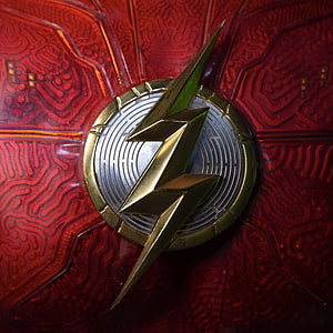 The Flash 2023 Movie Emblem Close-Up on Red Textured Suit HD phone wallpaper