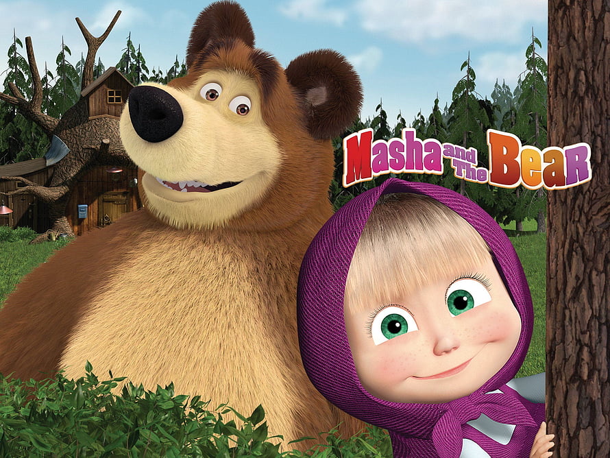 Masha and the Bear Animated Forest Scene with Treehouse and Green Foliage HD wallpaper