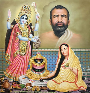 Maa Kali, Sri Ramakrishna, and Sarada Devi in Traditional Indian Devotional Painting HD phone wallpaper
