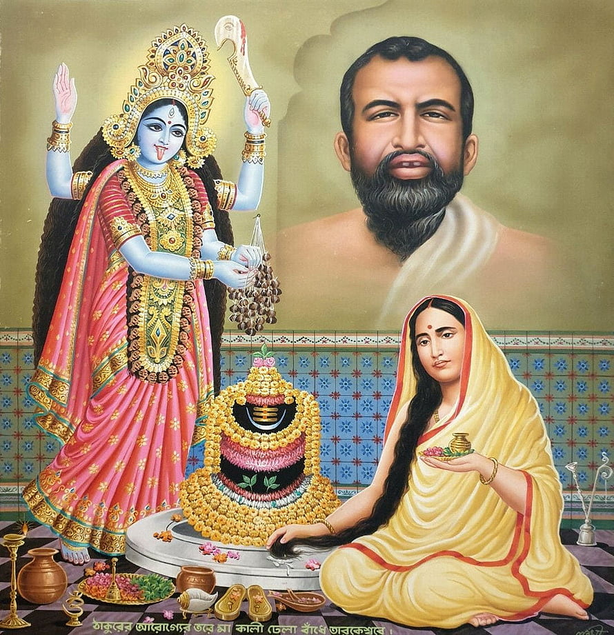 Maa Kali, Sri Ramakrishna, and Sarada Devi in Traditional Indian Devotional Painting HD phone wallpaper