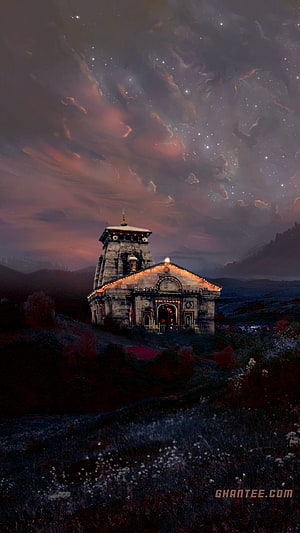 Kedarnath Temple at Night with Starry Sky and Dramatic Clouds HD phone wallpaper