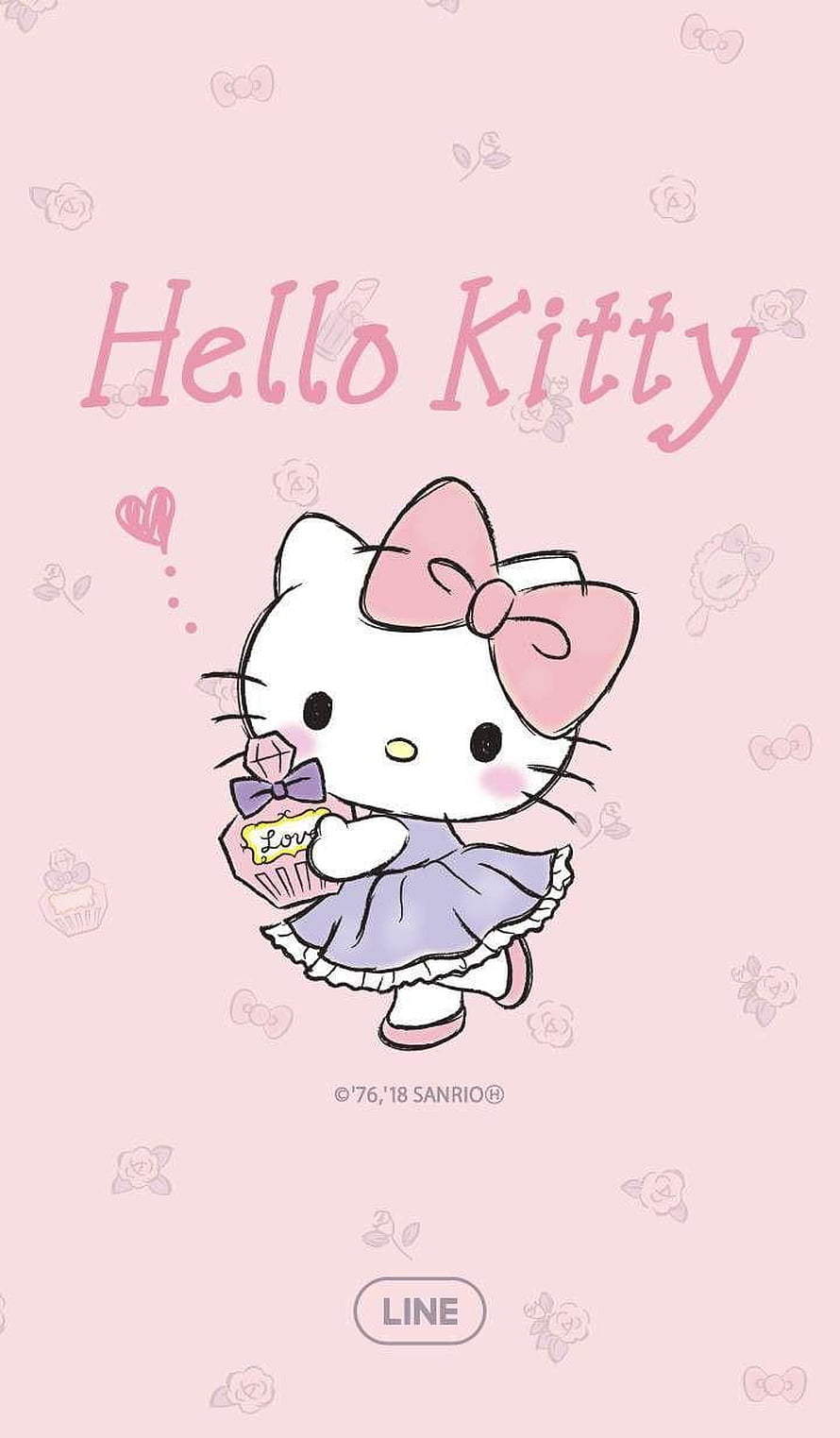 Hello Kitty in a lavender dress holding a heart-shaped gift box on a soft pink background with floral accents HD phone wallpaper