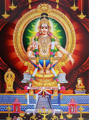 Ayyappan deity seated on golden throne with ornate temple architecture and oil lamps HD phone wallpaper
