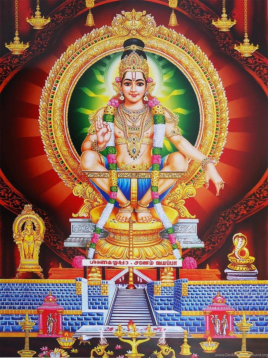 Ayyappan deity seated on golden throne with ornate temple architecture and oil lamps HD phone wallpaper