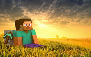 Minecraft Steve Sitting in a Grass Field at Golden Hour with Diamond Pickaxe HD wallpaper