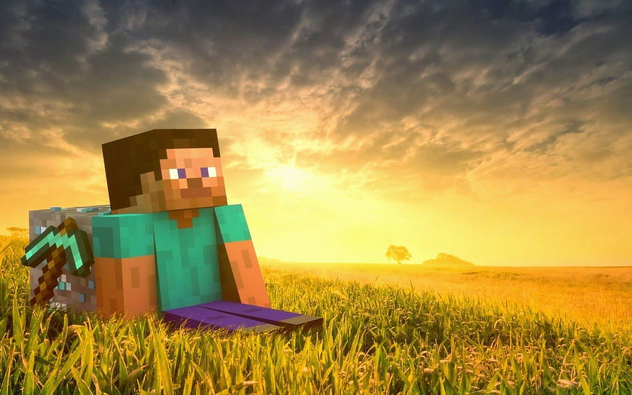 Minecraft Steve Sitting in a Grass Field at Golden Hour with Diamond Pickaxe HD wallpaper