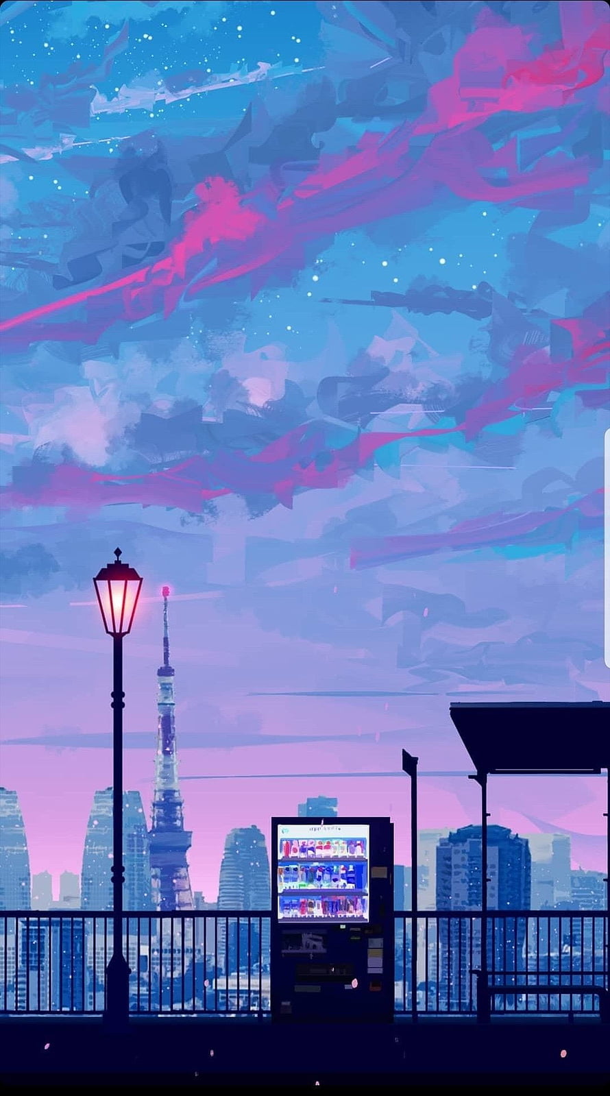 Lo-fi Tokyo Skyline with Vending Machine and Street Lamp at Twilight HD phone wallpaper