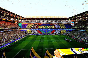 Fenerbahce Stadium Tifo Display With Colorful Card Mosaic And Confetti HD wallpaper