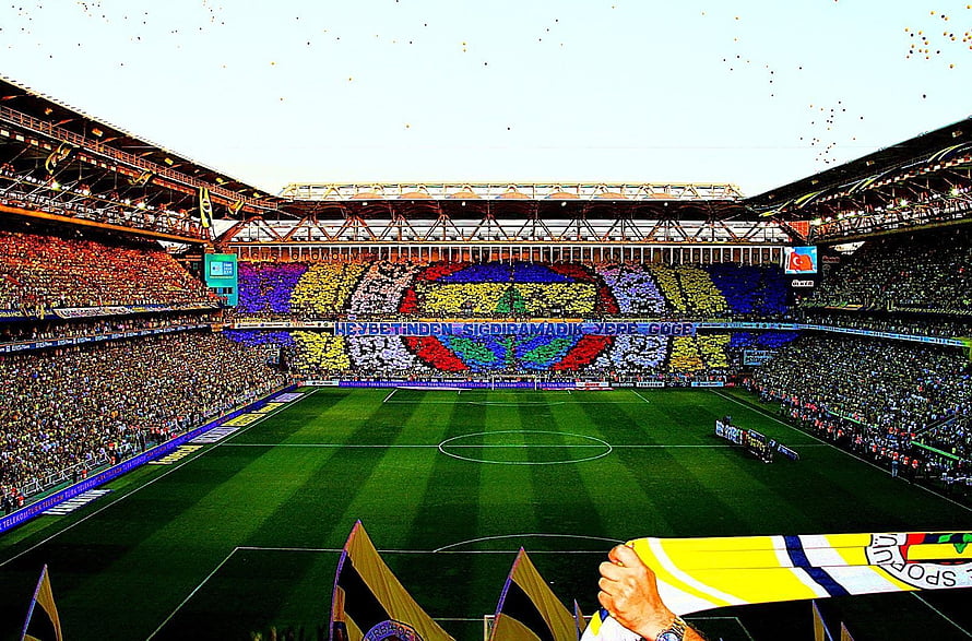 Fenerbahce Stadium Tifo Display With Colorful Card Mosaic And Confetti HD wallpaper
