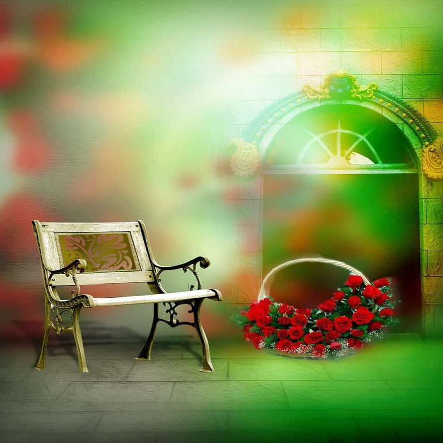 Romantic Garden Scene With Vintage Bench And Red Rose Wreath, 27 Beautiful Of Studio Backgrounds Psd Files, studio background psd HD phone wallpaper