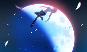 Anime Girl Floating in Front of Giant Glowing Moon with Falling Petals HD wallpaper