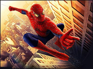 Spider-Man swinging through city skyscrapers in classic red and blue suit, Spiderman 4, #spiderman HD wallpaper