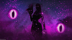 Cyberpunk female character with glowing purple eyes and futuristic armor holding a gun in a neon digital atmosphere HD wallpaper