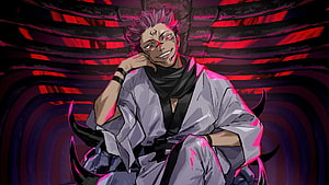 Sukuna Ryomen Anime Character Sitting With Red Horns And Dark Aura HD wallpaper