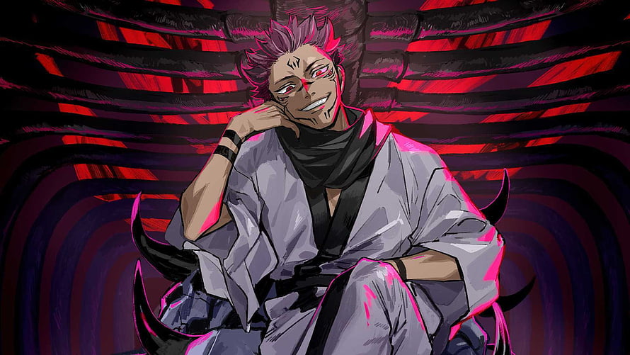 Sukuna Ryomen Anime Character Sitting With Red Horns And Dark Aura HD wallpaper