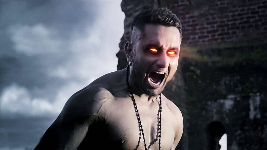 Yo Yo Honey Singh with glowing red eyes and dark beads in a dramatic stormy scene HD wallpaper