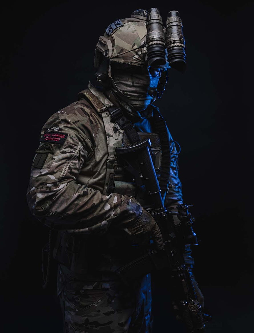 Royal Marines Commando in Modern Camouflage Gear with Night Vision and Tactical Rifle HD phone wallpaper