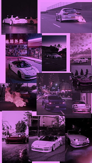 90s JDM Car Culture Aesthetic Collage with Purple Neon Night Vibes HD phone wallpaper