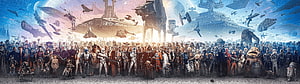 Star Wars The Complete Saga Character Ensemble and Spaceship Fleet Panorama HD wallpaper