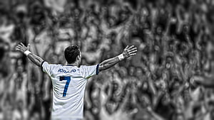 Cristiano Ronaldo Celebrating With Arms Raised In White Jersey Number 7 HD wallpaper